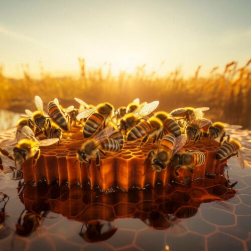 beehives and bees on a honeycomb at sunset, in the style of hyperrealistic animal portraits, vray, vray tracing, backlight, sculpted, beautiful --ar 53:30 --v 5.2 Job ID: 3ace0c54-7804-4dd6-89f9-65390a8d2233