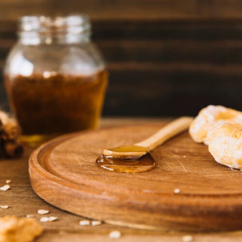 spoon-honey-donut-wooden-board